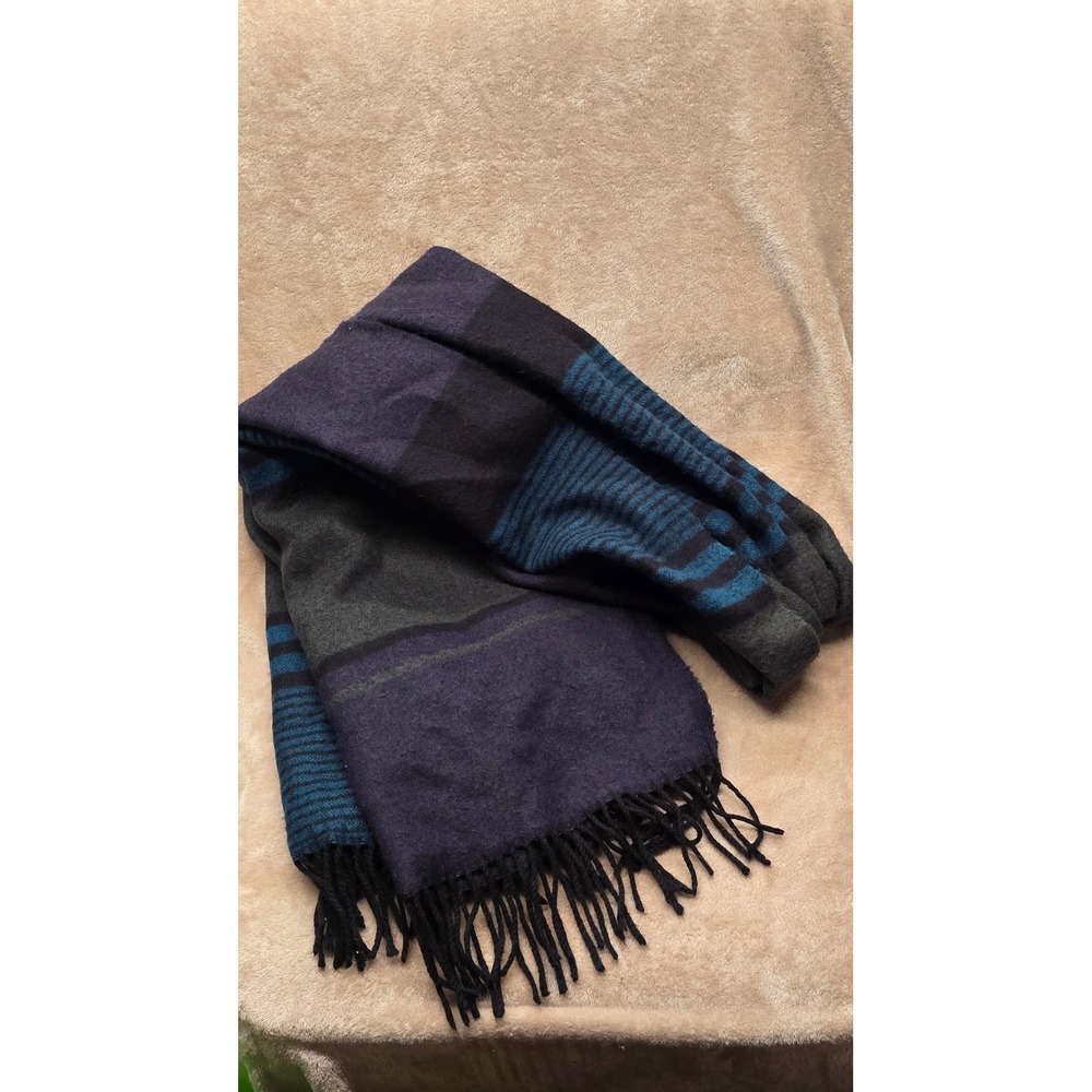 Calvin Klein Scarf Purple Teal Grey Striped Fringe Acrylic Knit A7WS4352